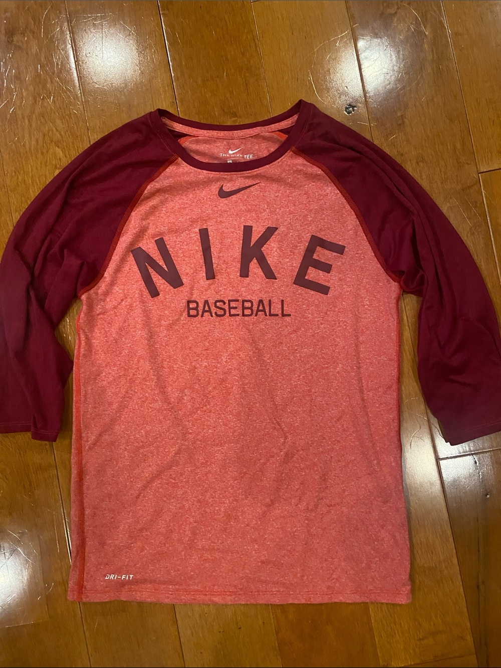 Nike Red Heather and Burgundy Baseball Raglan Tee dri fit